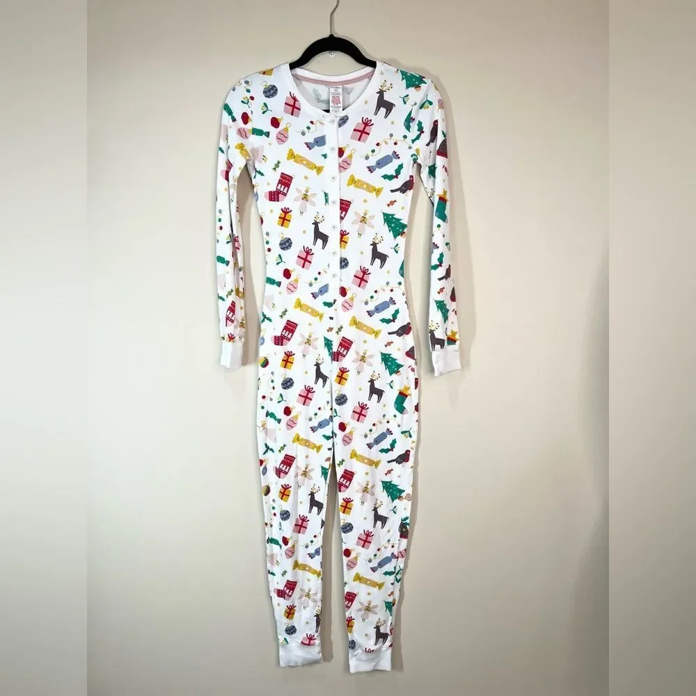 Mini Boden Button Front One Piece Christmas Holiday Pajamas 13 Y